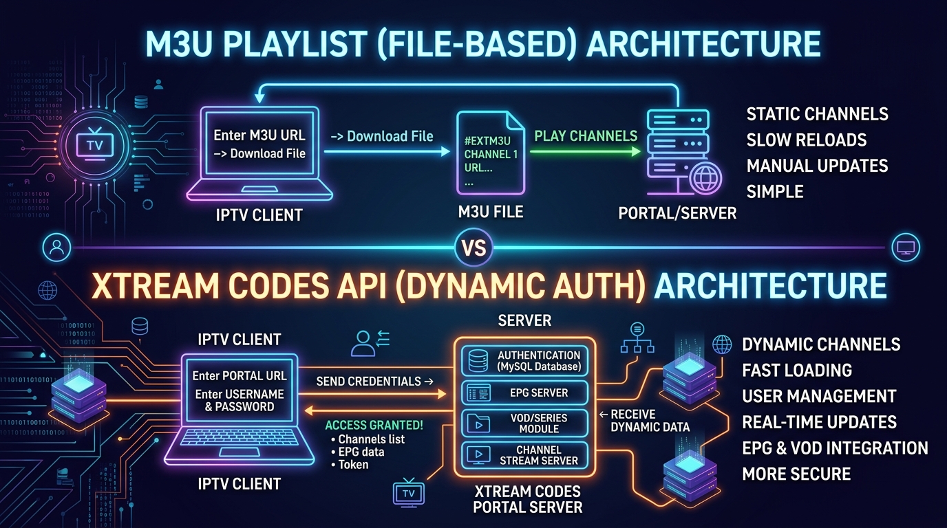 M3U-spellistor vs Xtream Codes API: Så fungerar formaten bakom IPTV